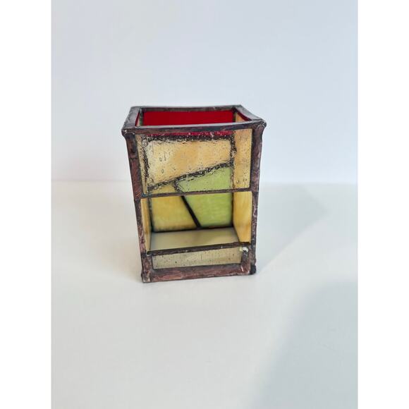 Vintage Mosaic Stained Glass Candle Holder Tray MCM 70s Red Green Brown - Picture 4 of 7